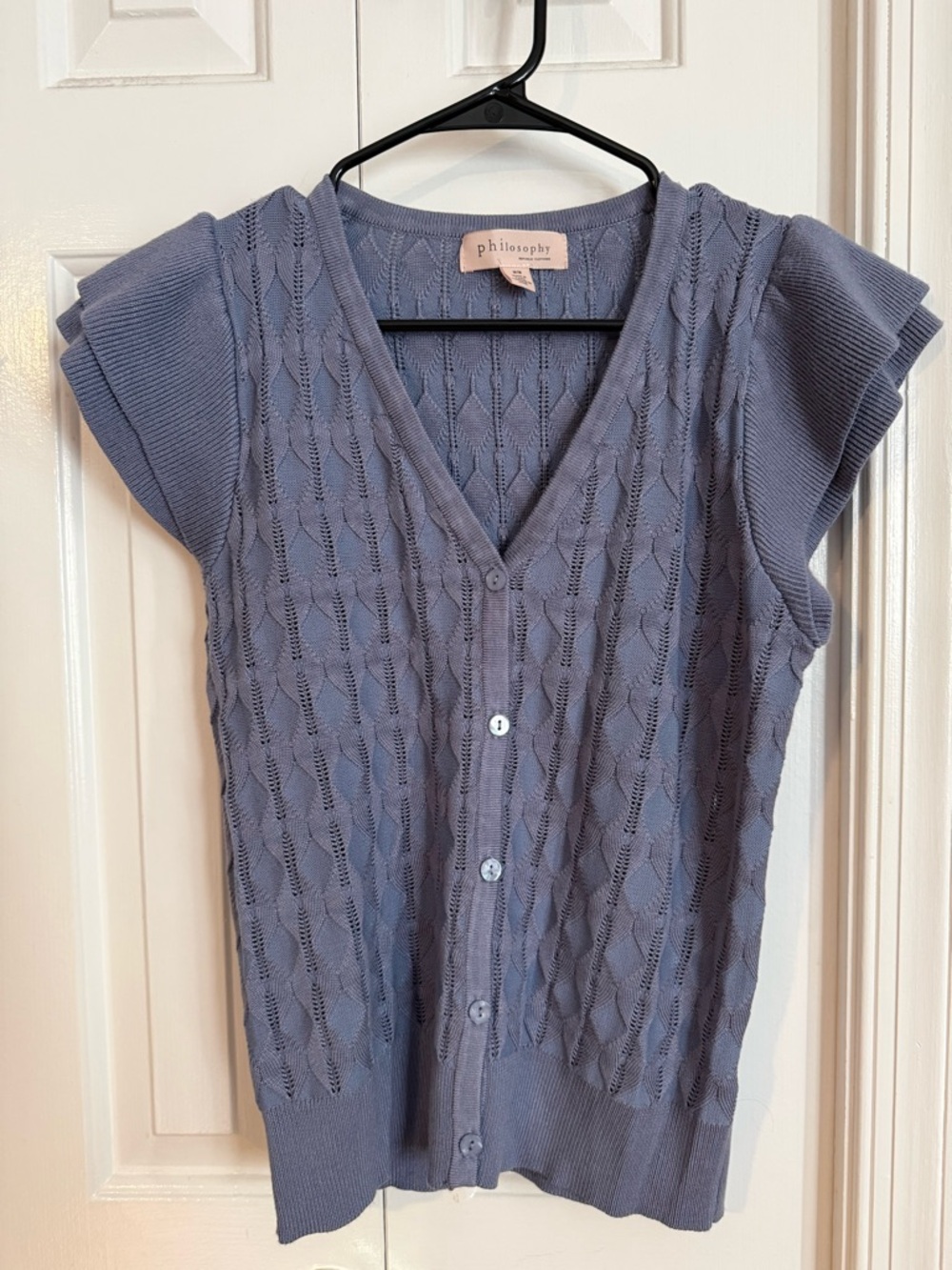Philosophy Blue-Gray Knit Button Front Cap Sleeve Top